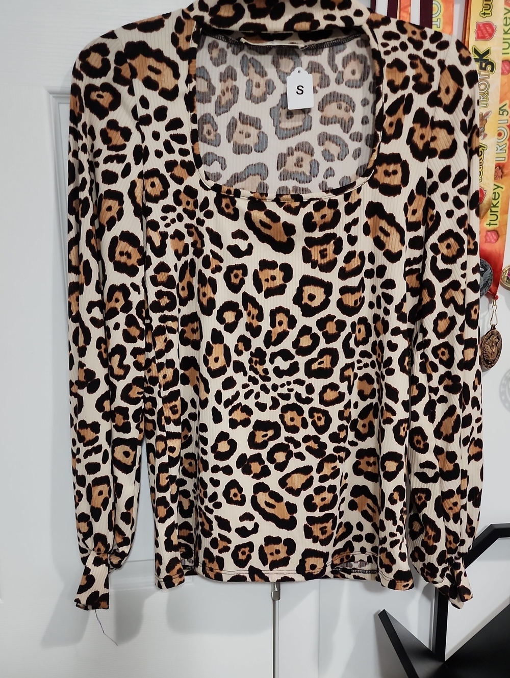 Leopard Print Long Sleeve Scoop Neck Top in Tan and Black